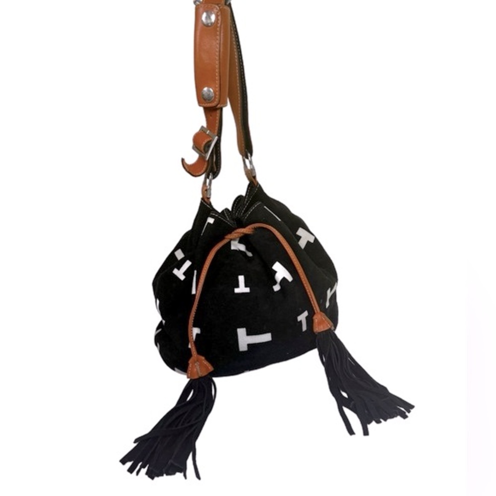 Tod’s T Logo Tassels Bucket Hobo Bag Leather Camel Suede Drawcord Luxury Preppy - Picture 2 of 16